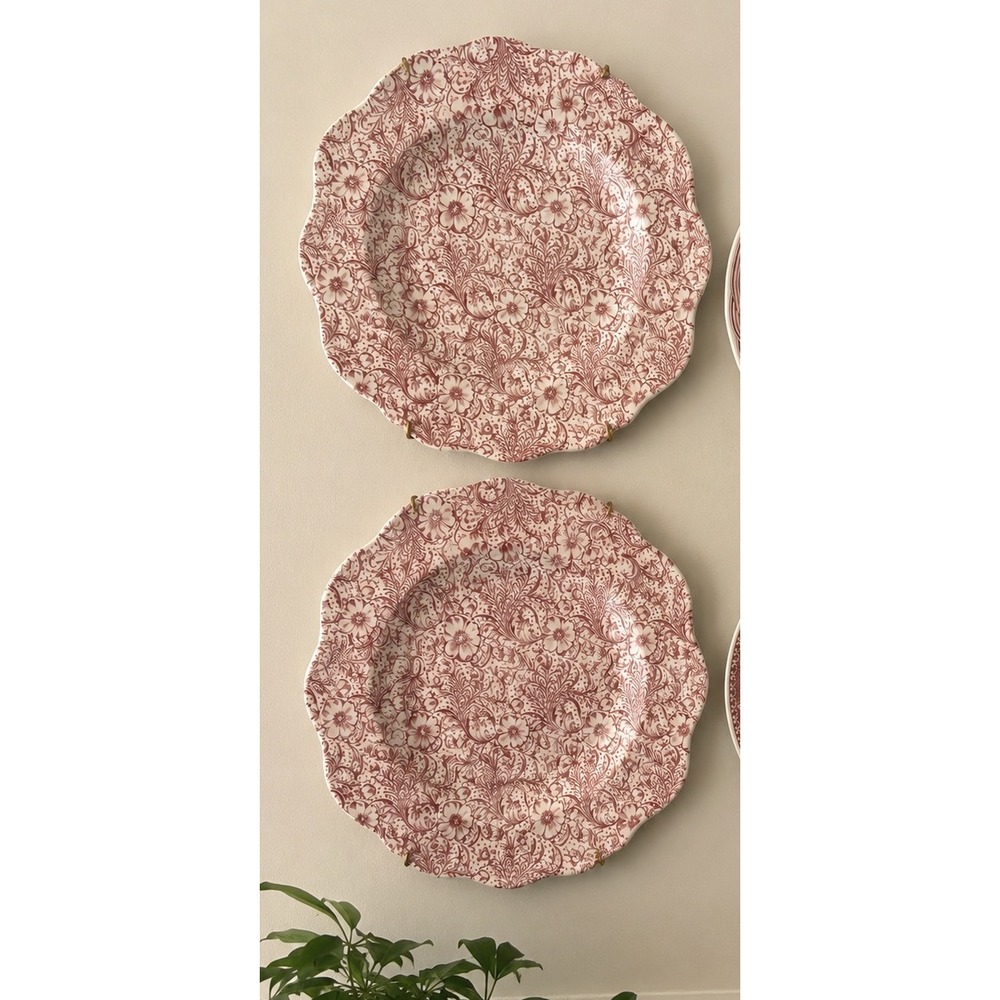 Spode England Pink Red Floral Chintz 9.625 Inch Scalloped Luncheon Plates Set 2